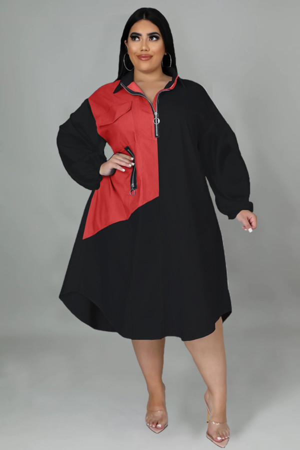 Oversized loose panel contrast elastic long-sleeve zip dress