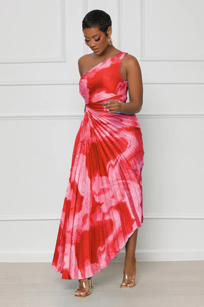 Sexy one-shoulder wispy print pleated dress