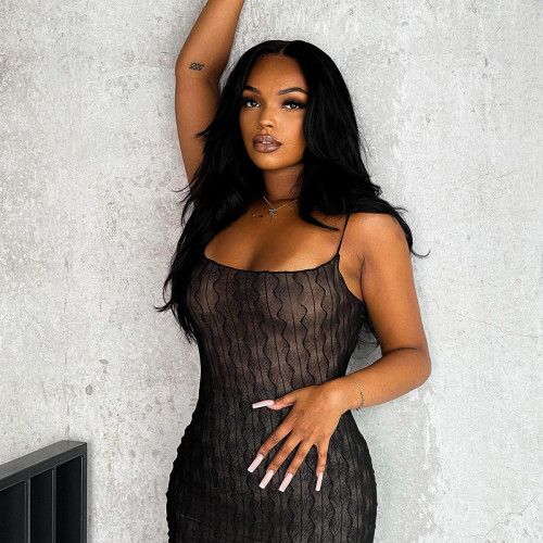 Solid sexy mesh open back suspender slim long dress
