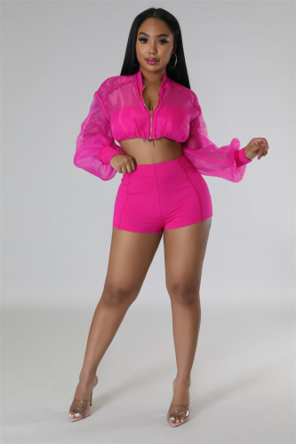 Elegant two-piece organza top and solid color shorts