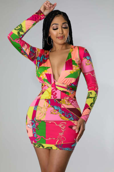 Sexy and fashionable digital printing V-neck women's dress