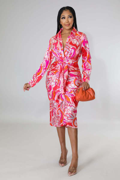 Sexy and fashionable digital printing V-neck women's slim dress