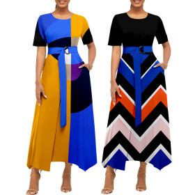 Sexy and fashionable digital printing round neck long-sleeved women's dress