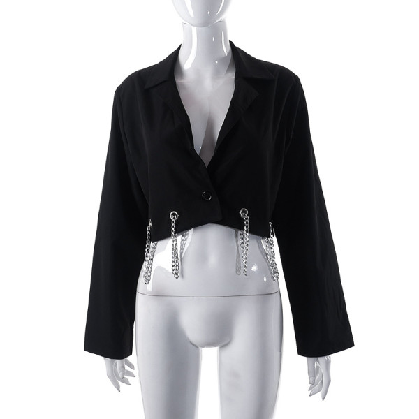 Solid casual lapel long-sleeve button chain shirt top