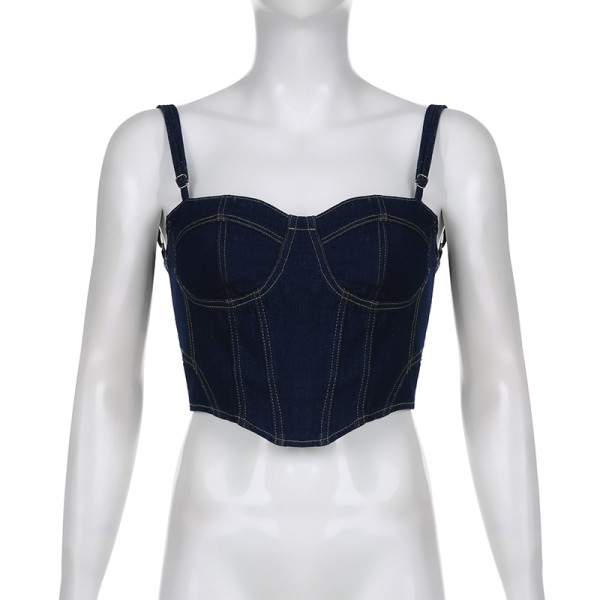 Open line split line design slim back hollowed-out strap denim sling vest