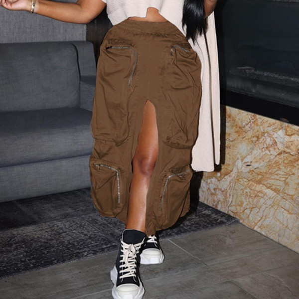 Women's solid color high waist zipper panel large pocket loose heavy work dress skirt