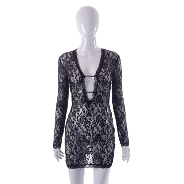 Sexy mesh lace long-sleeved V-neck perspective short dress