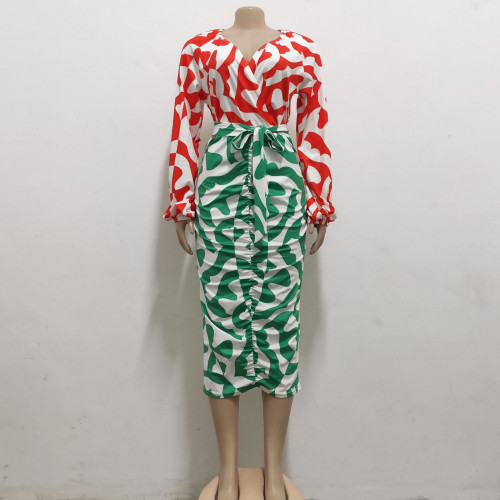 Sexy and fashionable digital printing V-neck long-sleeved pleated women's dress