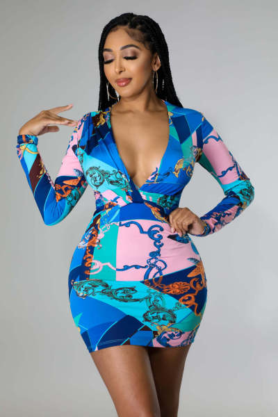 Sexy and fashionable digital printing V-neck women's dress