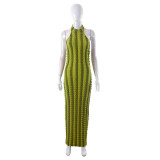 Double-color backless neckless popcorn slim sleeveless dress