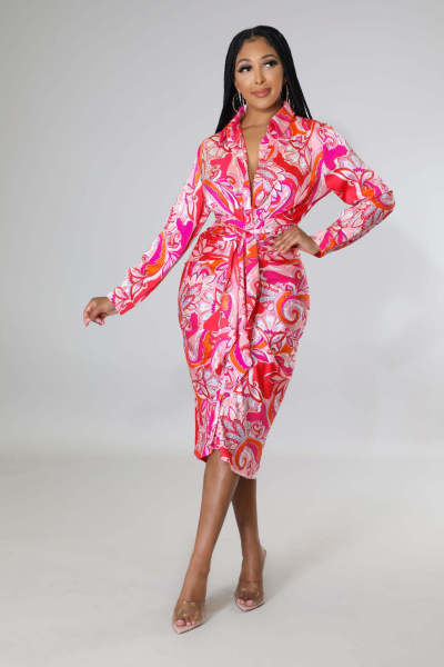 Sexy and fashionable digital printing V-neck women's slim dress