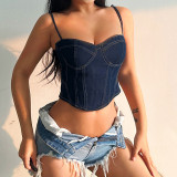Open line split line design slim back hollowed-out strap denim sling vest