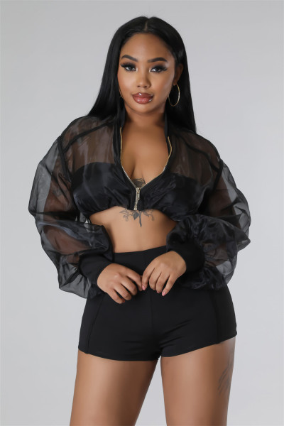 Elegant two-piece organza top and solid color shorts
