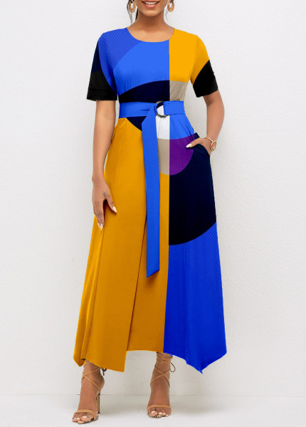 Sexy and fashionable digital printing round neck long-sleeved women's dress