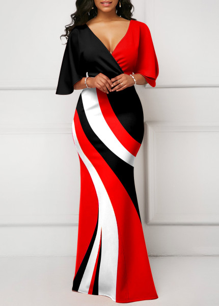 Sexy and fashionable digital printing V-neck short-sleeved women's dress