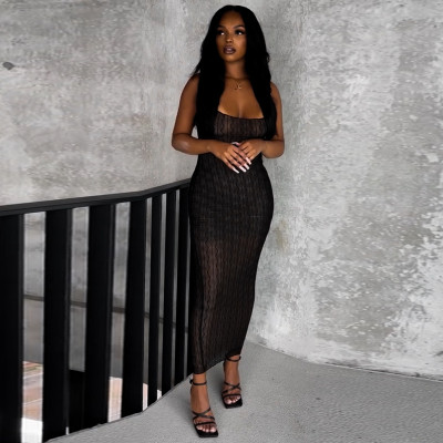 Solid sexy mesh open back suspender slim long dress