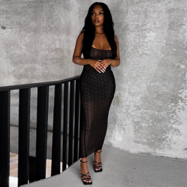 Solid sexy mesh open back suspender slim long dress