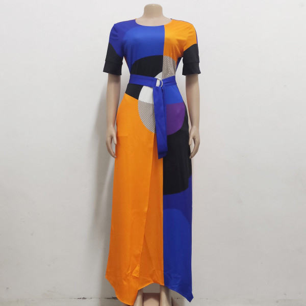 Sexy and fashionable digital printing round neck long-sleeved women's dress