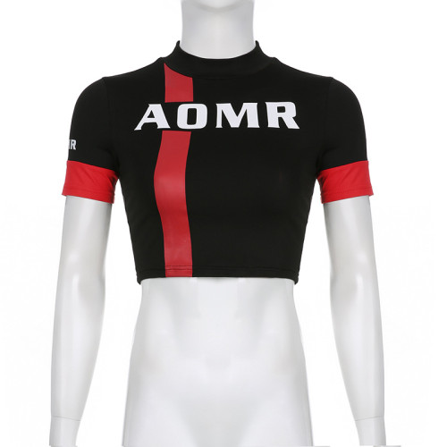 Fashion motorcycle style color contrast stitching half-high neck short-sleeved T-shirt sexy navel hot girl fashion women's dress