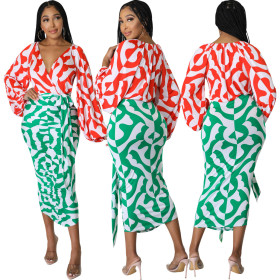 Sexy and fashionable digital printing V-neck long-sleeved pleated women's dress