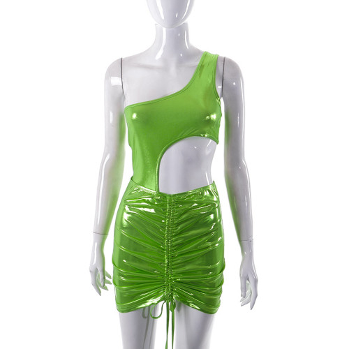 Fashion gilded one-shoulder sleeveless slim one-piece pleated skirt suit