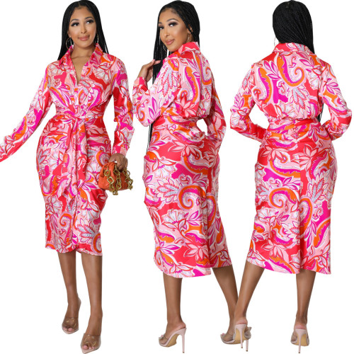Sexy and fashionable digital printing V-neck women's slim dress