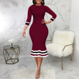 Sexy and fashionable digital printing round neck medium sleeve women's dress