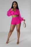 Elegant two-piece organza top and solid color shorts