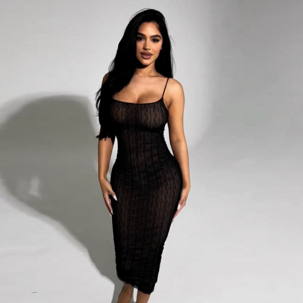Solid sexy mesh open back suspender slim long dress