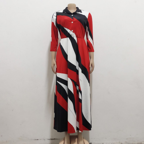 Sexy and fashionable digital printing round neck medium sleeve women's dress
