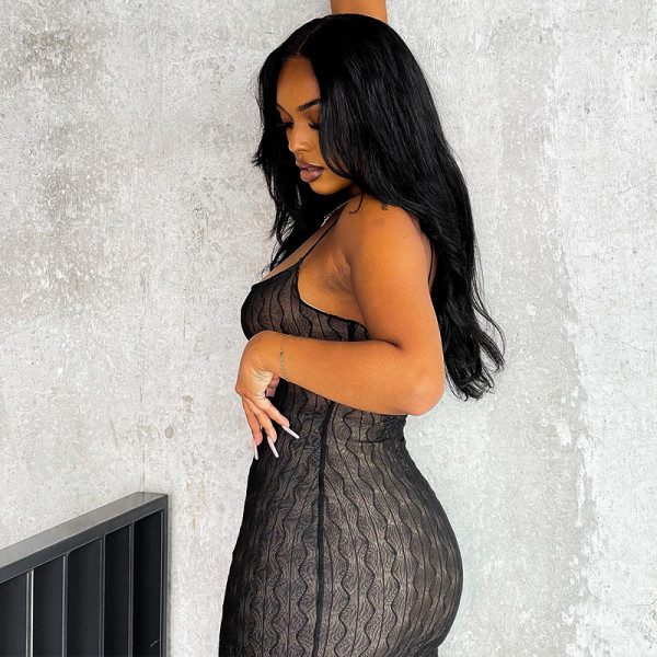 Solid sexy mesh open back suspender slim long dress