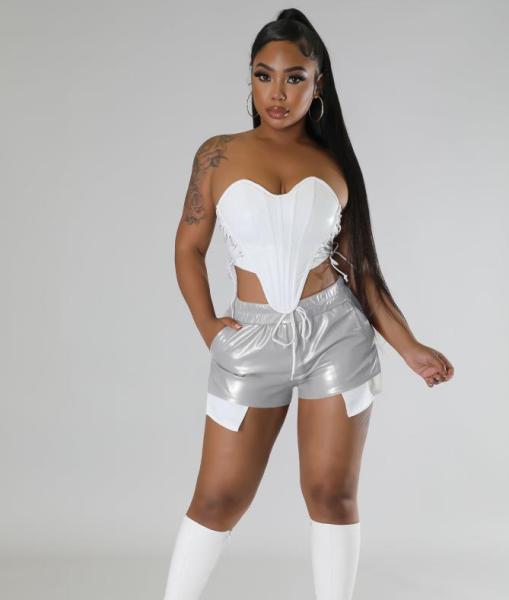 Elegant and fashionable deep pocket strap PU leather shorts