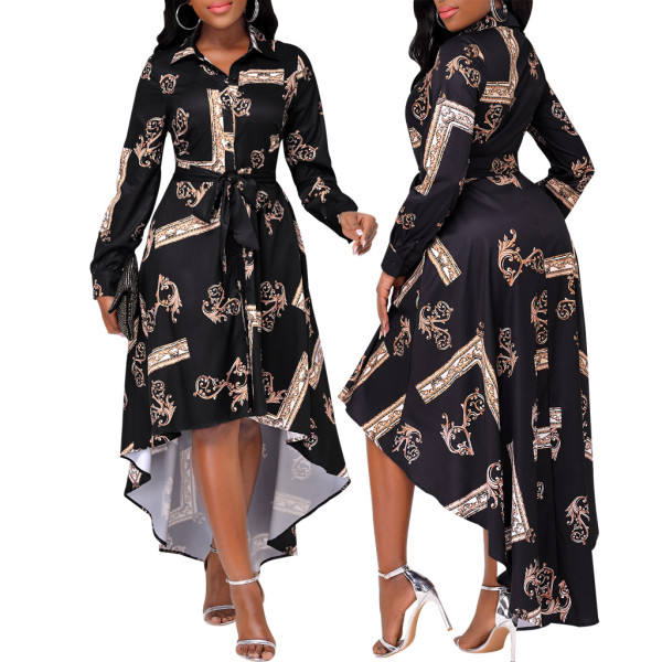 Sexy and fashionable digital printing long-sleeved V-neck women's dress