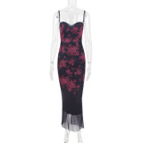 Printed suspender dress women's slim open backpack hip fishtail skirt long dress evening dress