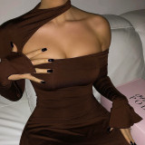 Solid color hollow hanging neck long-sleeve agaric trim dress