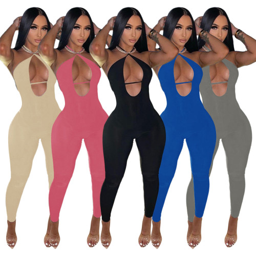 Hanging neck, open back and hip lifting sports jumpsuit