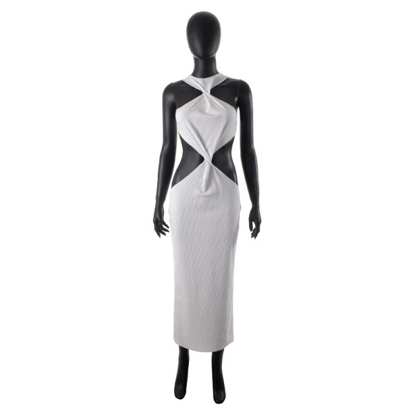 Solid sexy sleeveless round neck twisted slim long dress