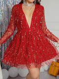 Women's long sleeved V-waist skirt tassel sequins sexy dance party dress