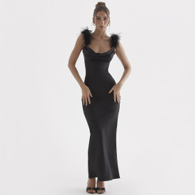 Genuine Feather Slim Slim Open Backpack Hip Long Dress Black Dress Evening Dress