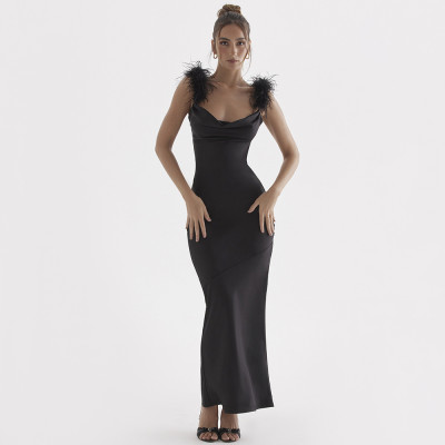 Genuine Feather Slim Slim Open Backpack Hip Long Dress Black Dress Evening Dress