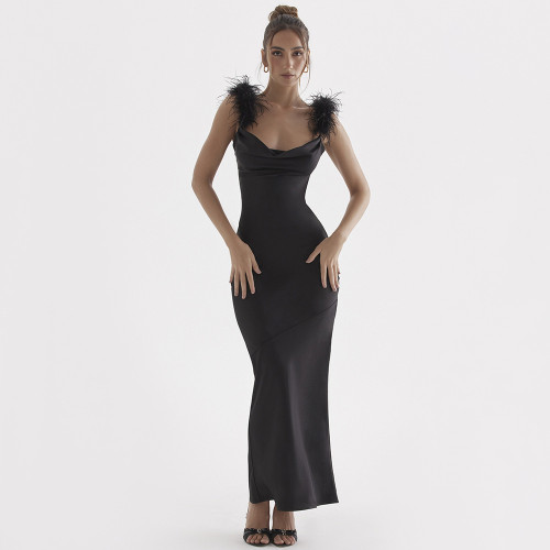 Genuine Feather Slim Slim Open Backpack Hip Long Dress Black Dress Evening Dress