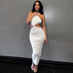 Solid sexy sleeveless round neck twisted slim long dress