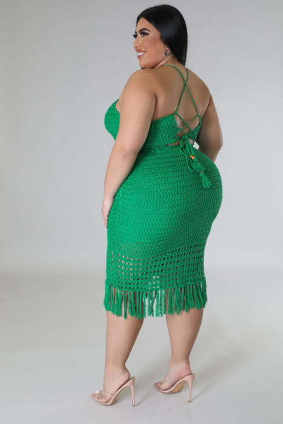 Plus size women's tassel fishing net knitting casual two-piece set