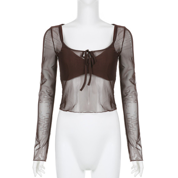 Women's perspective sexy ultra-short chest hollowed-out lace up light mature mesh top