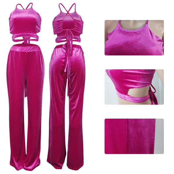 Women's solid color Korean velvet bra vest wide leg trousers two-piece top can be worn both front and back