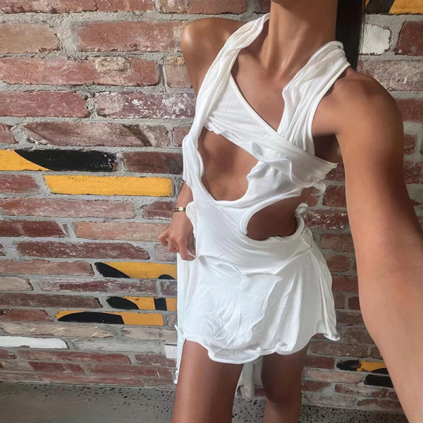 Women's fashion hanging neck sexy hollow slim wrap hip dress