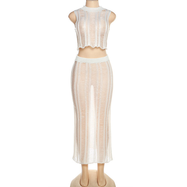 Women's sexy hollowed-out perspective small tank top slim high waist skirt suit