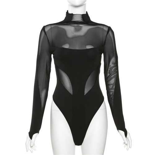Women's fashion sexy mesh stitching perspective slimming long-sleeved bodysuit