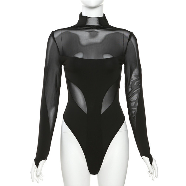 Women's fashion sexy mesh stitching perspective slimming long-sleeved bodysuit