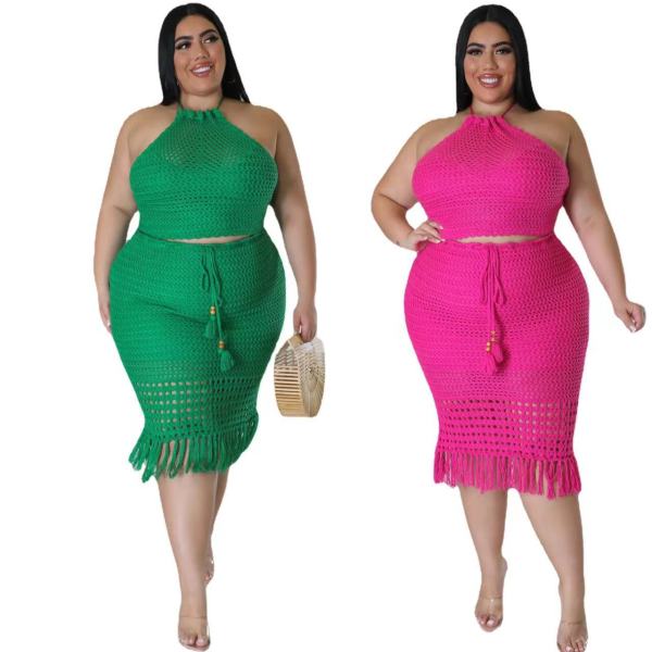 Plus size women's tassel fishing net knitting casual two-piece set